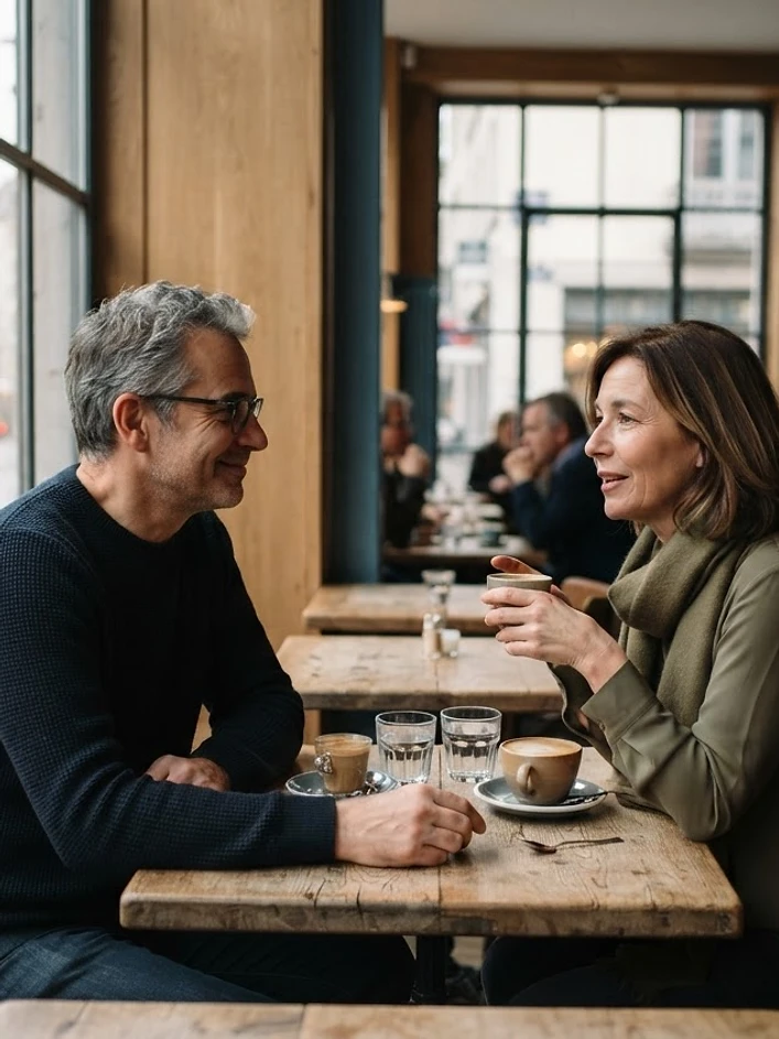 Couple belge discutant sereinement dans un café contemporain à Bruxelles